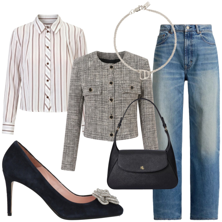 Outfit donna - Casual Chic. Stile Casual chic per Tutti i giorni. Abbinamento con borse a spalla, jeans, braccialetti con ciondoli, camicie, blazer, décolleté.