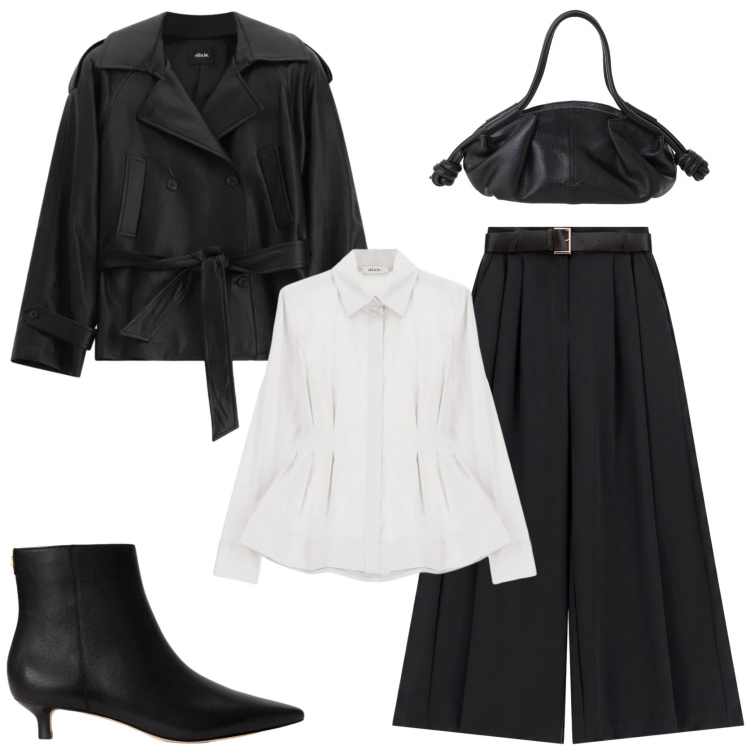 Outfit donna - La camicia bianca indispensabile. Stile Trendy per Ufficio. Abbinamento con pantaloni a palazzo, stivaletti, trench, borse a mano, camicie.