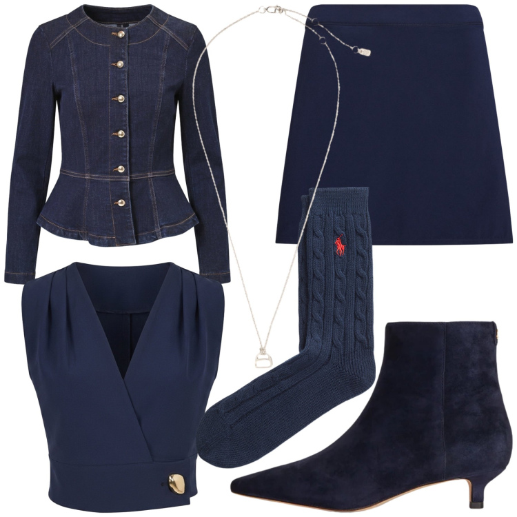 Outfit donna - Blu. Stile Casual chic per Tutti i giorni. Abbinamento con calzini, minigonne, stivaletti, collane, top, blazer.