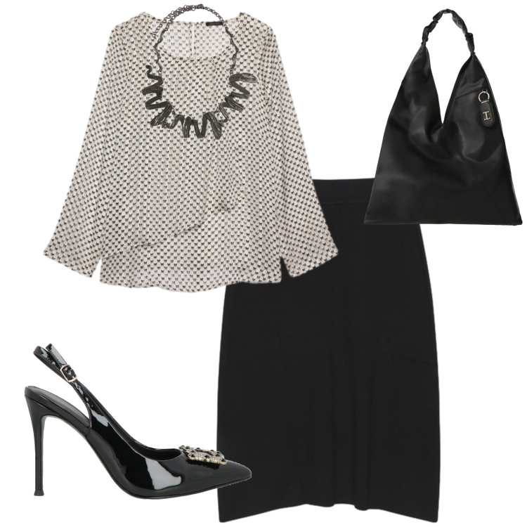 Outfit donna - Riunione di lavoro. Stile Chic per Ufficio. Abbinamento con borse a spalla, bluse, ciondoli, gonne longuette, décolleté.
