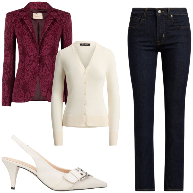 Outfit donna - Casual chic. Stile Casual chic per Tutti i giorni. Abbinamento con cardigans, jeans, blazer, décolleté.