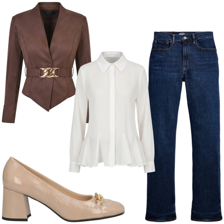 Outfit donna - Casual chic. Stile Casual chic per Tutti i giorni. Abbinamento con jeans dritti, blazer, camicie, décolleté.