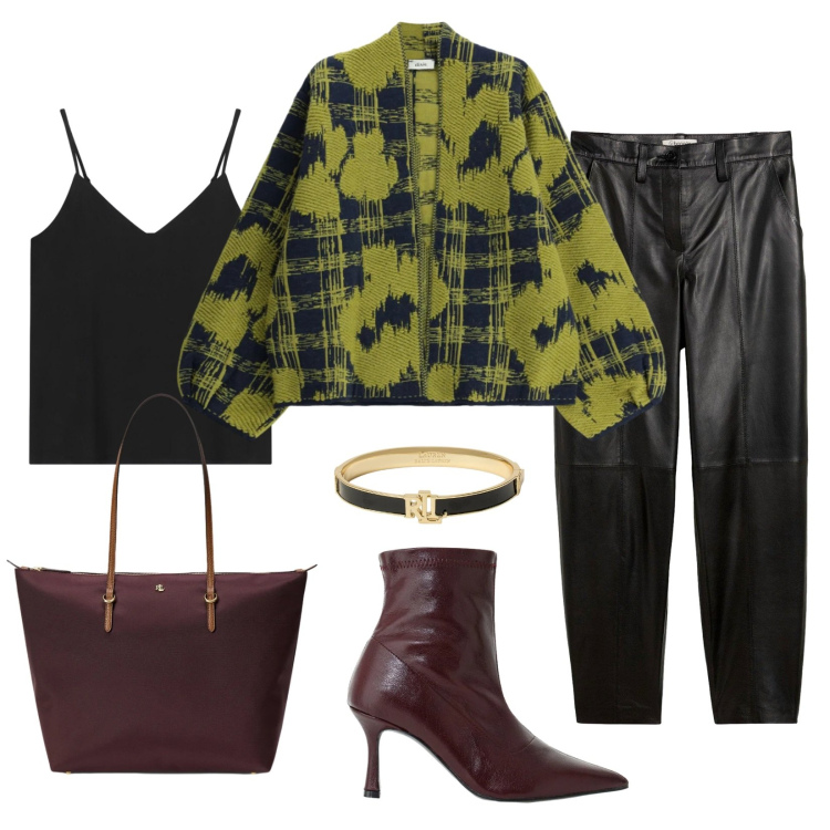 Outfit donna - Pranzo con le colleghe. Stile Casual chic per Ufficio. Abbinamento con stivaletti, braccialetti, borse tote, cardigans, top, pantaloni.