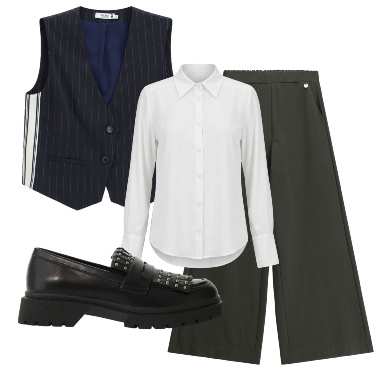 Outfit donna - Total look #2492042. Stile Mannish per Ufficio. Abbinamento con mocassini, pantaloni a palazzo, gilet, camicie.