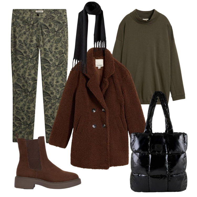 Outfit donna - Casual per i primi freddi. Stile Casual per Tutti i giorni. Abbinamento con shopping bag, cappotti, pantaloni, felpe, stivaletti, sciarpe.