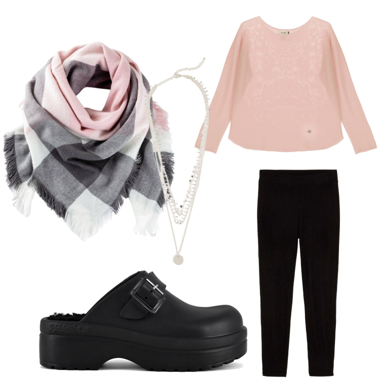 Outfit donna - In smart working. Stile Basic per Tutti i giorni. Abbinamento con maglieria, sandali, leggings, collane, foulard.