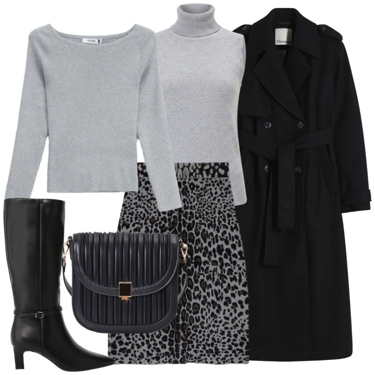 Outfit donna - Serata fuori. Stile Basic per Serata fuori. Abbinamento con stivali, gonne longuette, maglieria, borse a tracolla, camicie a manica corta, trench.