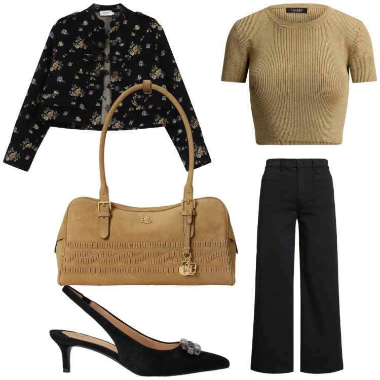 Outfit donna - Aperitivo in nero e beige. Stile Trendy per Serata fuori. Abbinamento con t-shirt, pantaloni, borse a spalla, décolleté, blazer.