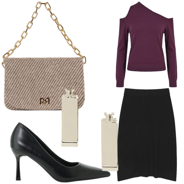Outfit donna - Ad una mostra. Stile Chic per Serata fuori. Abbinamento con décolleté, gonne longuette, orecchini, maglieria, borse a spalla.