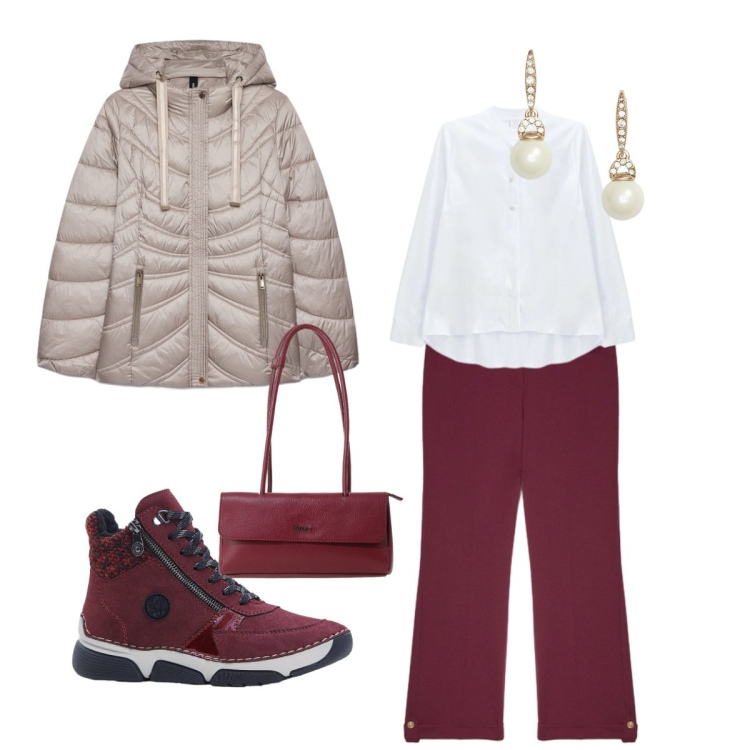 Outfit donna - Total look #2492081. Stile Casual chic per Tutti i giorni. Abbinamento con camicie, pantaloni, piumini, orecchini, borse a spalla, stivaletti.