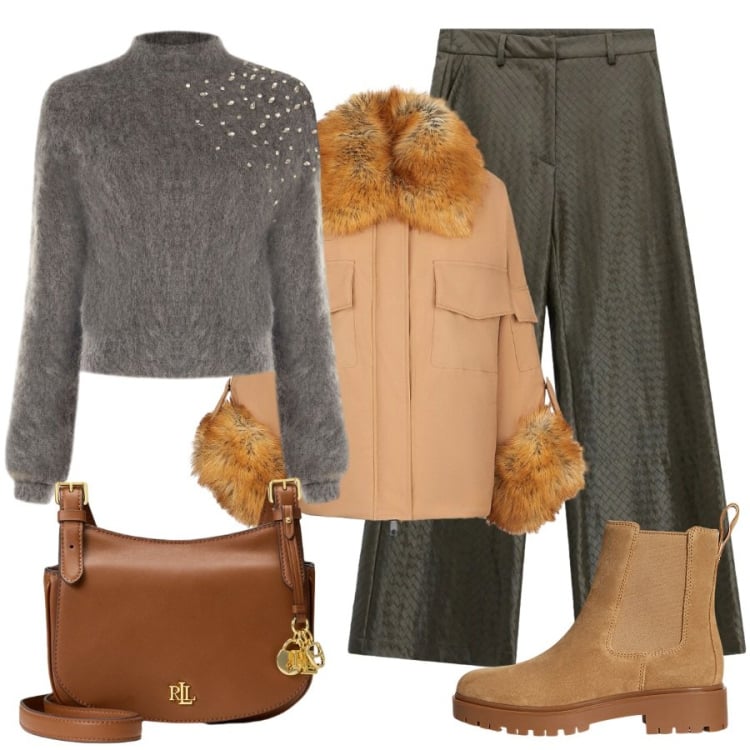 Outfit donna - Il mix perfetto. Stile Trendy per Tutti i giorni. Abbinamento con pantaloni a palazzo, maglieria, stivaletti, borse a tracolla, piumini.