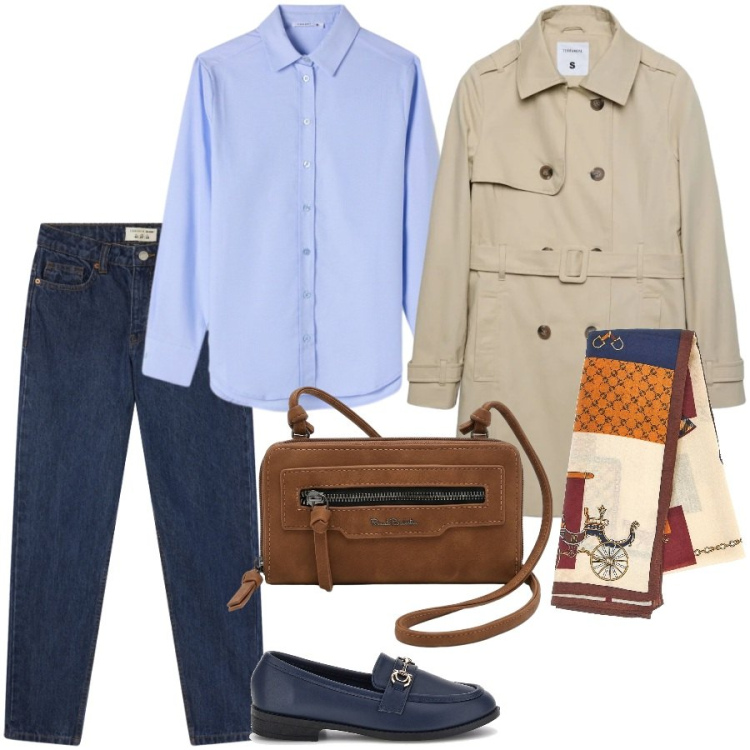 Outfit donna - Total look #2492083. Stile Basic per Ufficio. Abbinamento con jeans mom, trench, camicie, foulard, mocassini, borse a tracolla.