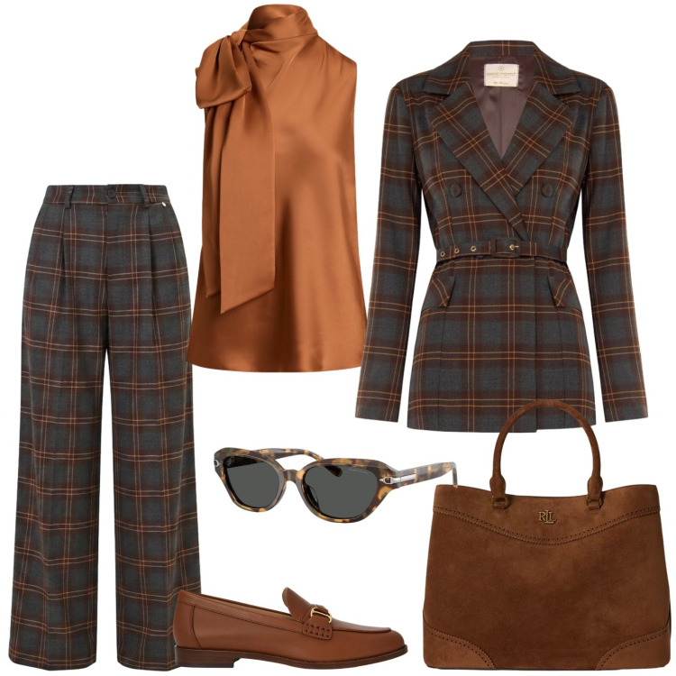 Outfit donna - Un elegante tailleur scozzese. Stile Mannish per Ufficio. Abbinamento con bluse, borse a mano, occhiali da sole, mocassini, pantaloni a palazzo, blazer.