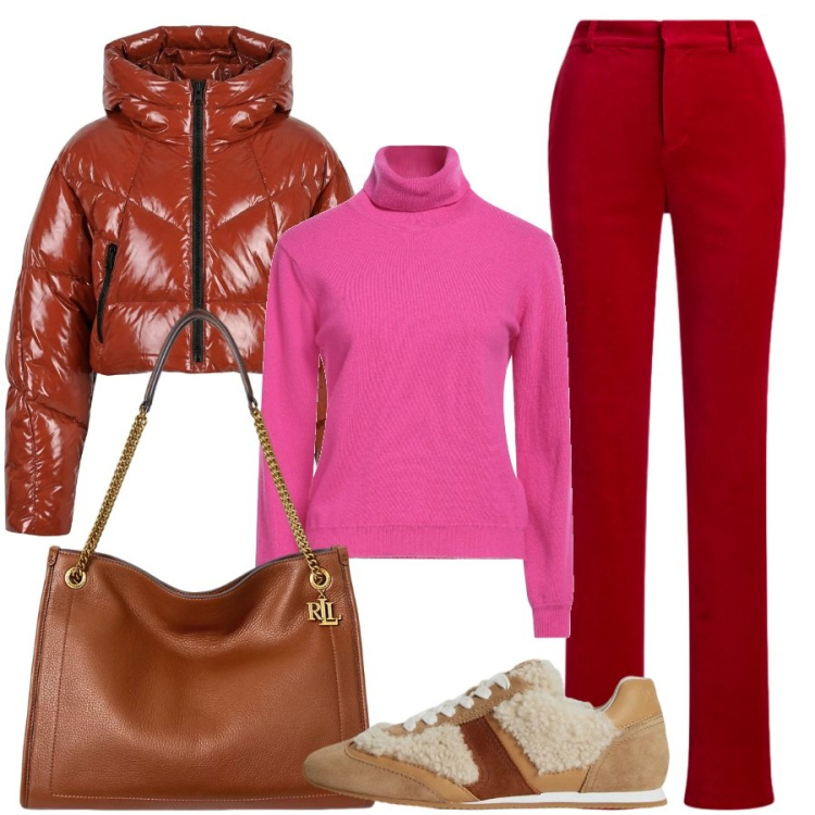 Outfit donna - Il rosso e il fucsia. Stile Trendy per Tutti i giorni. Abbinamento con pantaloni, borse tote, sneakers, piumini, maglieria.