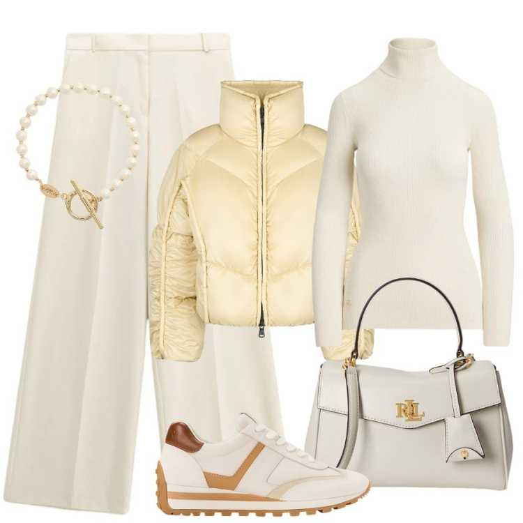 Outfit donna - Sfumature di bianco. Stile Sporty chic per Ufficio. Abbinamento con pantaloni a palazzo, braccialetti, sneakers, borse a mano, pullovers, piumini.