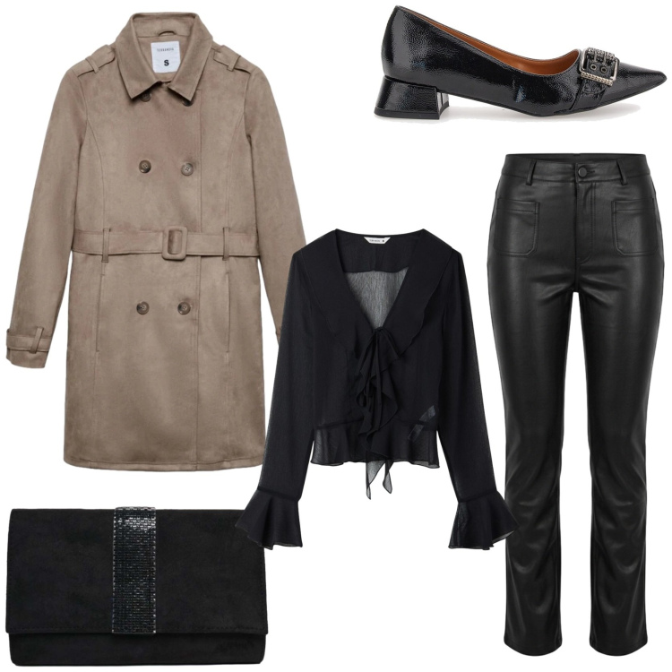 Outfit donna - Osa con gli abbinamenti. Stile Trendy per Tutti i giorni. Abbinamento con clutch, pantaloni, bluse, trench, ballerine.