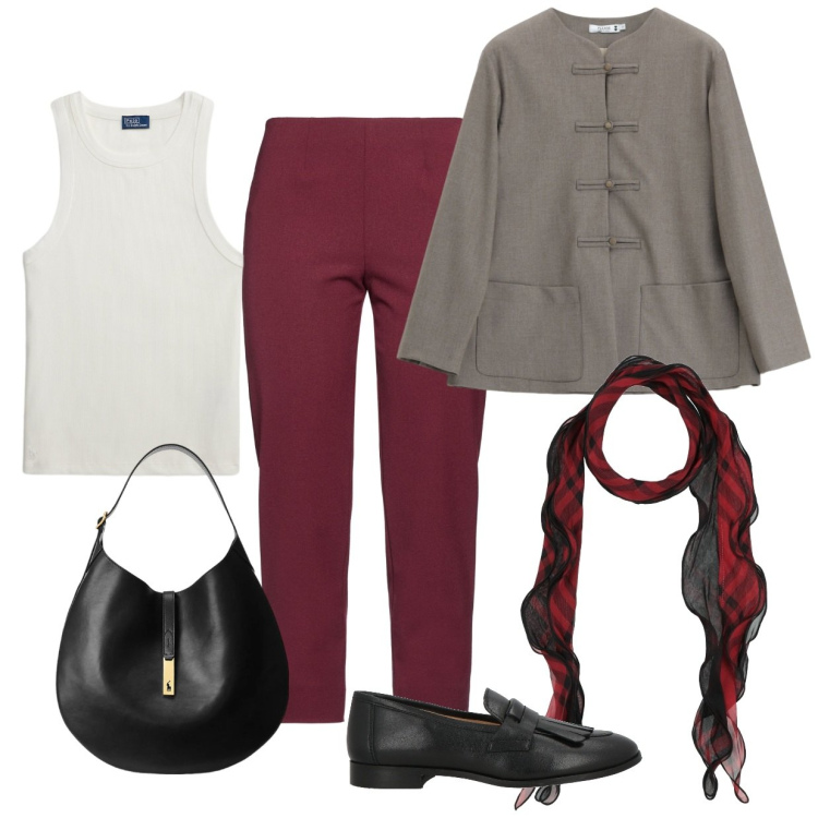 Outfit donna - Total look #2492103. per Tutti i giorni. Abbinamento con borse a spalla, canottiere, blazer, sciarpe, pantaloni, mocassini.