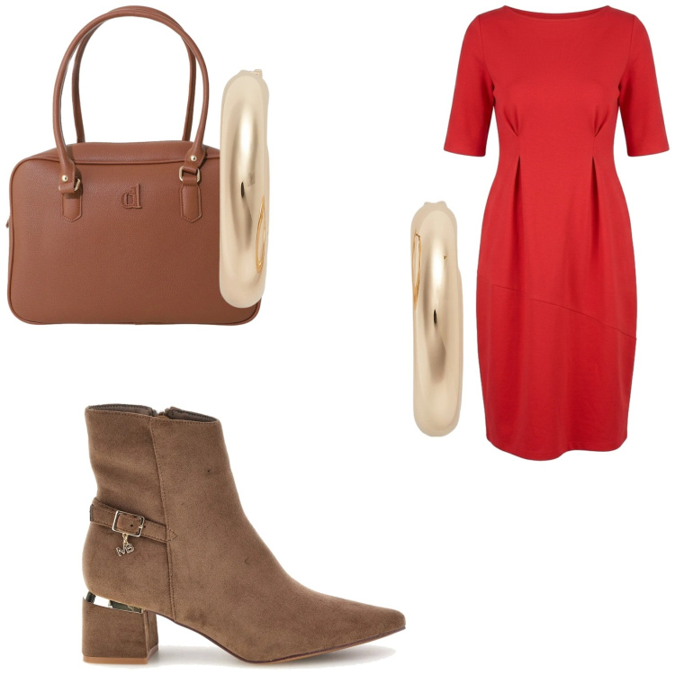 Outfit donna - Essenziale e chic. Stile Casual chic per Tutti i giorni. Abbinamento con orecchini, borse a mano, vestiti midi/longuette, stivaletti.