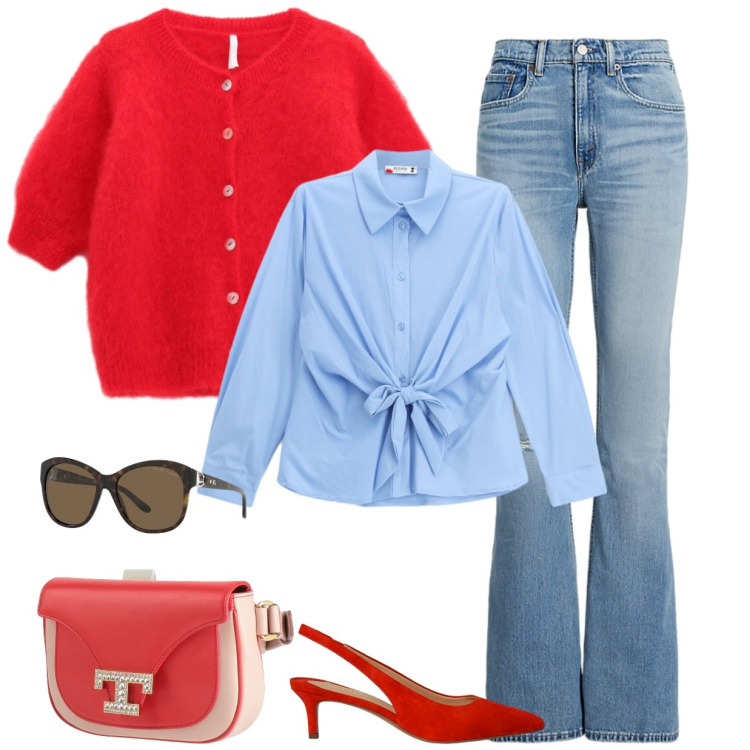 Outfit donna - Total look #2492126. Stile Casual chic per Tutti i giorni. Abbinamento con cardigans, jeans, occhiali da sole, décolleté, camicie, marsupi.