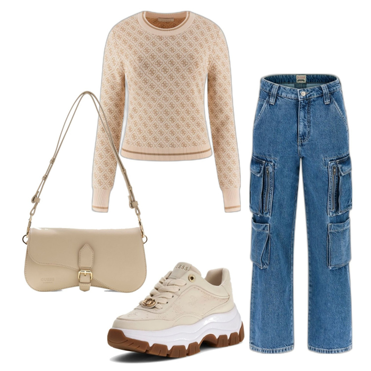 Outfit mujer - Casual. Estilo Casual para Todos los días. Combinación con sneakers, prendas de punto, vaqueros pata de elefante, bandoleras.