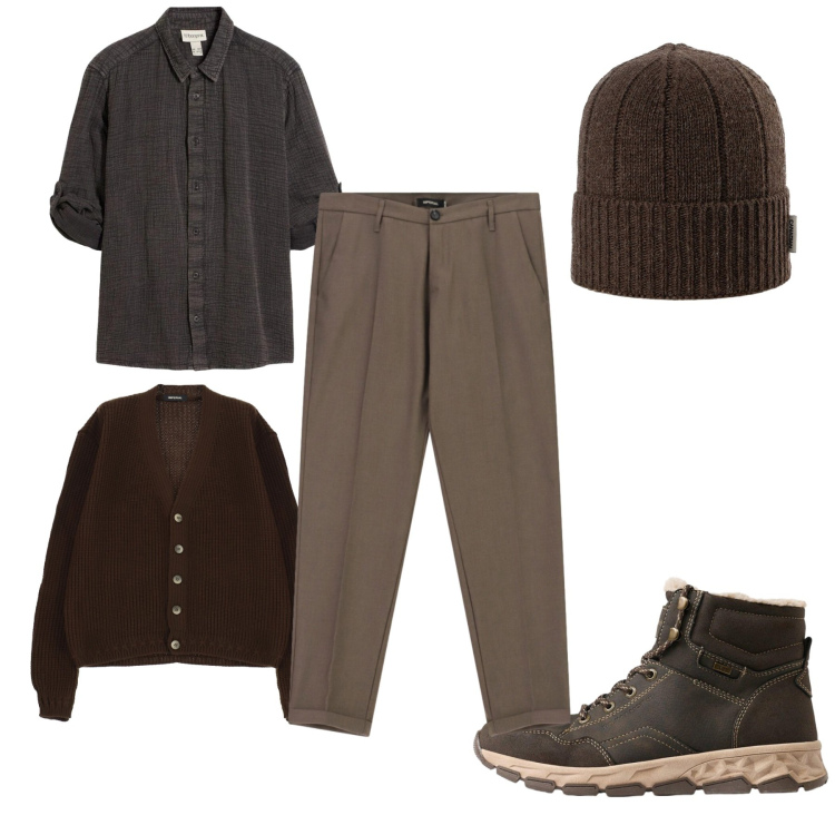 Outfit uomo - Total look #2492130. Stile Urban per Tutti i giorni. Abbinamento con camicie, stivali e stivaletti, cardigans, pantaloni, berretti.