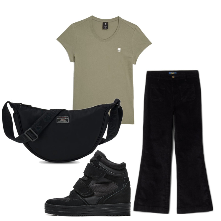 Outfit mujer - Casual. Estilo Casual para Todos los días. Combinación con sneakers, top, bolsos de hombro, pantalones.