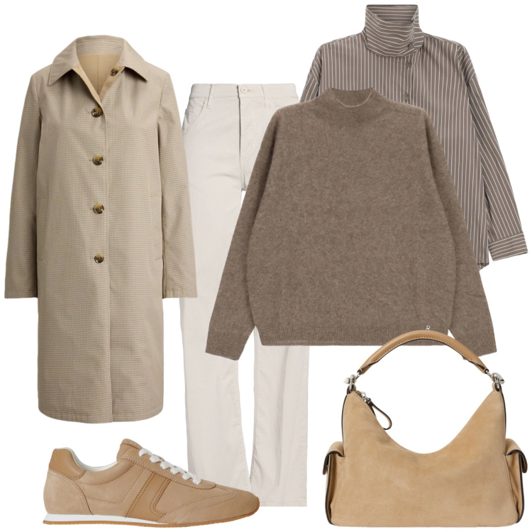 Outfit donna - Total look #2492133. Stile Casual chic per Tutti i giorni. Abbinamento con cappotti, sneakers, borse a spalla, camicie, pullovers, pantaloni.