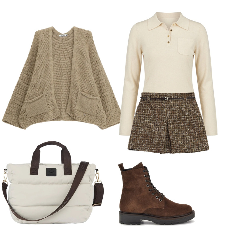 Outfit donna - Total look #2492135. Stile Preppy per Scuola/Università. Abbinamento con minigonne, cardigans, borse tote, t-shirt, anfibi.