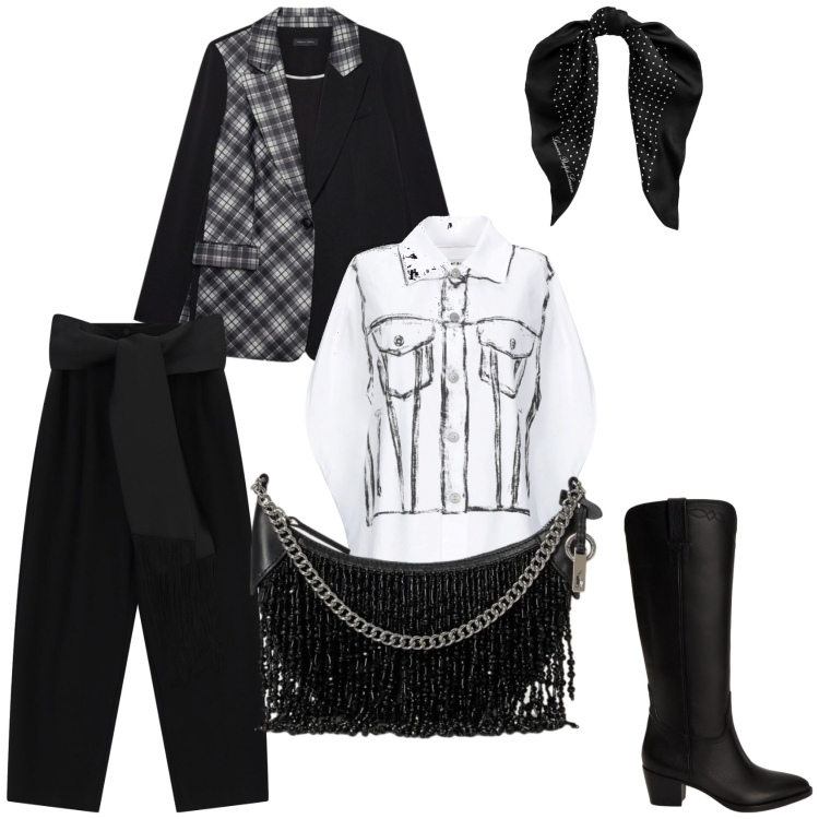 Outfit donna - Total look #2492136. Stile Bon Ton per Serata fuori. Abbinamento con pantaloni a palazzo, blazer, foulard, stivali, borse a spalla, camicie a manica corta.