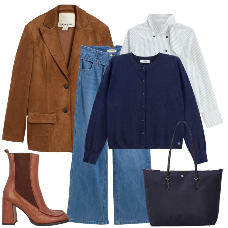 Outfit donna - Total look #2492140. Stile Glamour per Tutti i giorni. Abbinamento con camicie, borse tote, cardigans, stivaletti chelsea, blazer, jeans.