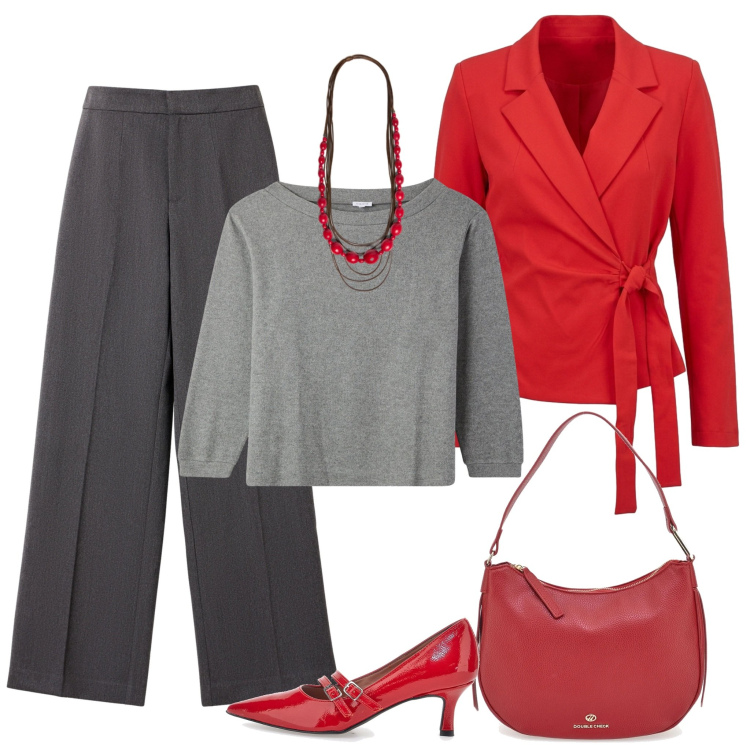 Outfit donna - Rosso e grigio ad ottobre: cena fuori. Stile Chic per Serata fuori. Abbinamento con collane, blazer, pantaloni, t-shirt, décolleté, borse a spalla.