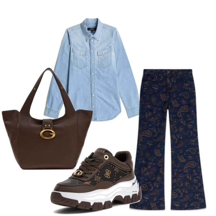 Outfit mujer - Urban look. Estilo Urban para Todos los días. Combinación con bolso tote, camisas, sneakers, vaqueros bootcut.