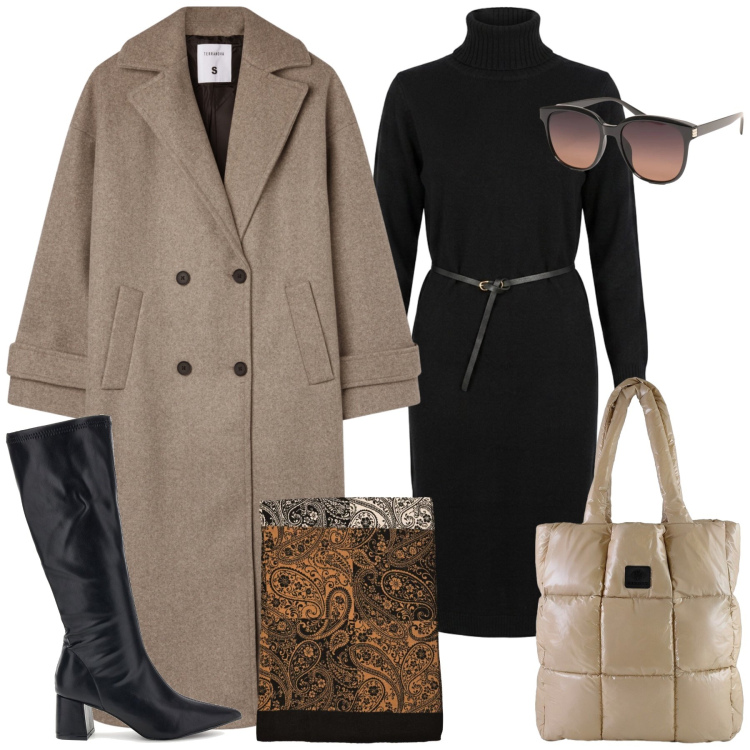 Outfit donna - Total look #2492143. Stile Casual chic per Tutti i giorni. Abbinamento con shopping bag, vestiti midi/longuette, occhiali da sole, sciarpe, cappotti, stivali.