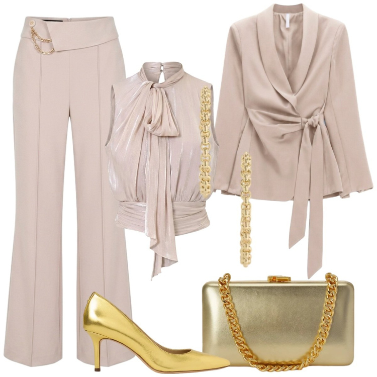 Outfit donna - Cerimonia in oro. Stile Romantica per Cerimonia. Abbinamento con blazer, décolleté, clutch, orecchini, top, pantaloni.