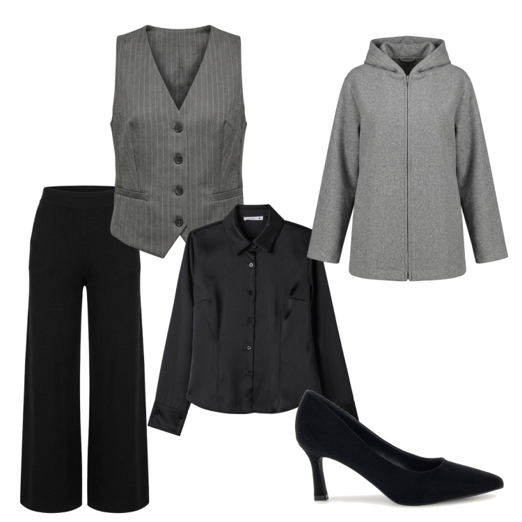 Outfit donna - Total look #2492148. Stile Minimal per Tutti i giorni. Abbinamento con cappotti, pantaloni a palazzo, gilet, camicie, décolleté.