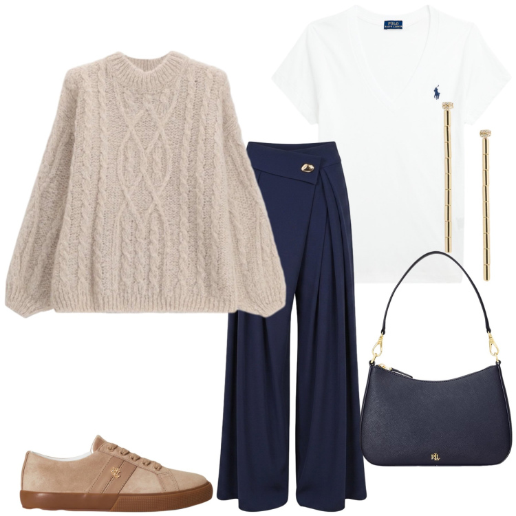 Outfit donna - Total look #2492155. Stile Casual chic per Tutti i giorni. Abbinamento con borse a spalla, sneakers, orecchini, t-shirt, maglieria, pantaloni a palazzo.