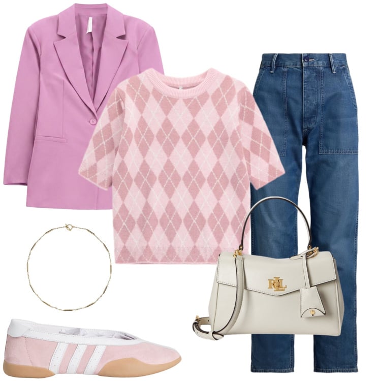 Outfit donna - Total look #2492157. Stile Casual chic per Tutti i giorni. Abbinamento con maglieria, blazer, jeans, borse a mano, collane, ballerine.
