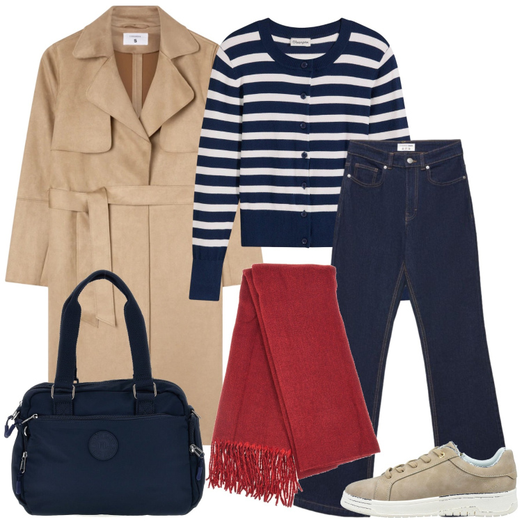 Outfit donna - Total look #2492159. Stile Casual chic per Tutti i giorni. Abbinamento con trench, jeans bootcut, cardigans, borse a tracolla, sneakers, sciarpe.