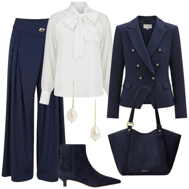 Outfit donna - Total look #2492161. Stile Bon Ton per Ufficio. Abbinamento con stivaletti, orecchini, borse tote, blazer, pantaloni a palazzo, bluse.
