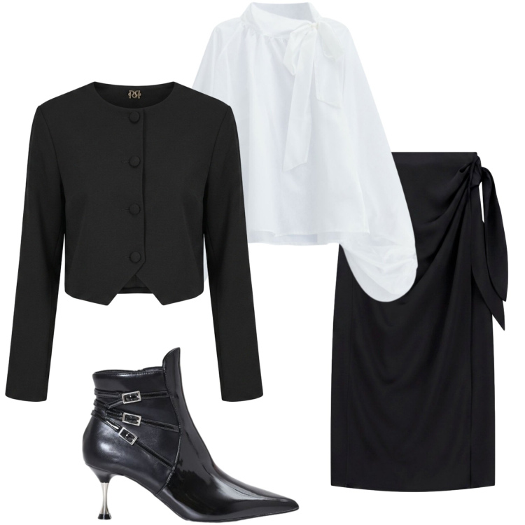 Outfit donna - Black and White. Stile Chic per Cerimonia. Abbinamento con bluse, gonne longuette, stivaletti, blazer.