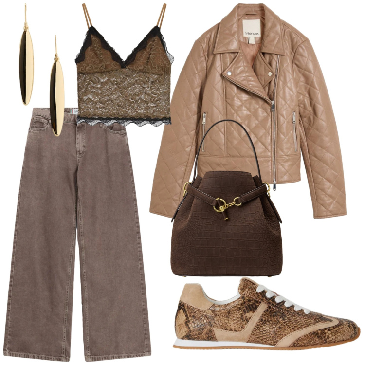 Outfit donna - October day. Stile Casual chic per Tutti i giorni. Abbinamento con sneakers, orecchini, borse a secchiello, top, jeans dritti, giacche.