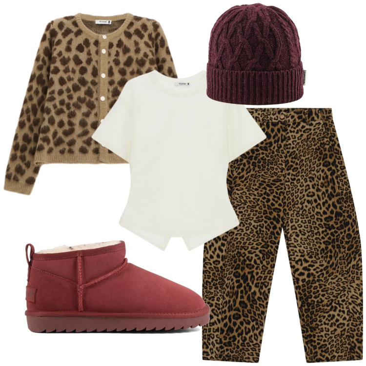 Outfit donna - Total look #2492174. Stile Trendy per Tutti i giorni. Abbinamento con pantaloni, cardigans, t-shirt, berretti, stivaletti.