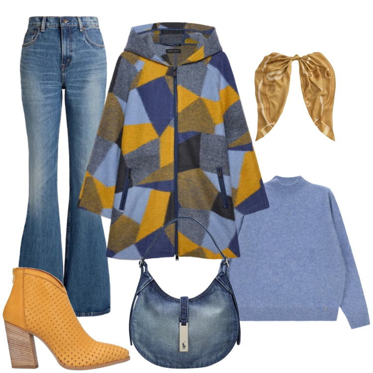 Outfit donna - Richiami di colore. Stile Casual chic per Tutti i giorni. Abbinamento con cappotti, borse a spalla, jeans, foulard, pullovers, stivaletti texani.