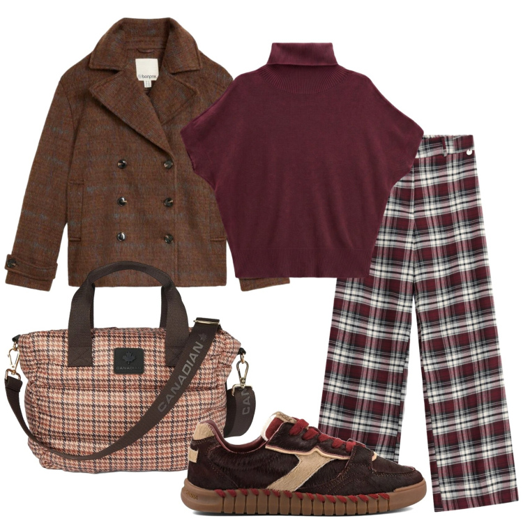 Outfit donna - Total look #2492180. Stile Preppy per Scuola/Università. Abbinamento con pullovers, pantaloni, borse tote, sneakers, caban.