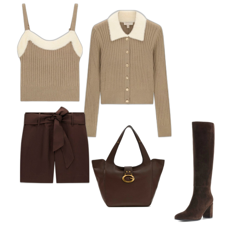 Outfit mujer - Casual chic #14454. Estilo Casual chic para Todos los días. Combinación con bolso tote, pantalones cortos, botas, cárdigans, camisetas sin mangas.