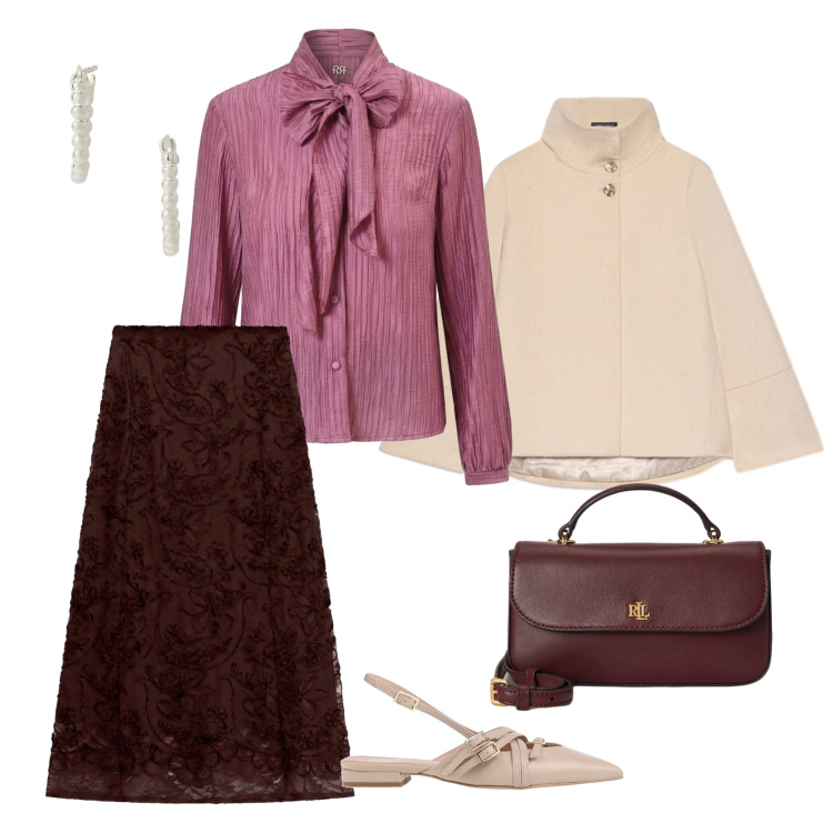 Outfit donna - Chic ton. Stile Romantica per Serata fuori. Abbinamento con gonne longuette, cappe, borse a mano, orecchini, camicie, ballerine.