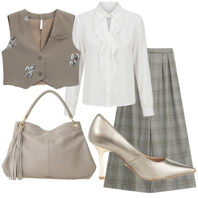 Outfit donna - Total look #2492185. Stile Preppy per Ufficio. Abbinamento con gilet, borse a spalla, pantaloni a palazzo, camicie, décolleté.