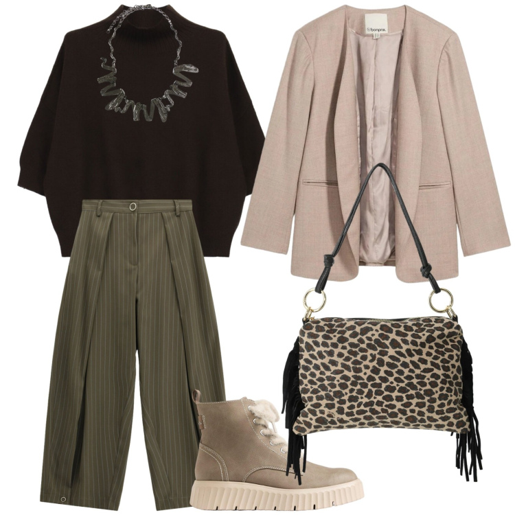 Outfit donna - Total look #2492189. Stile Urban per Tutti i giorni. Abbinamento con blazer, stivaletti, pantaloni a palazzo, pullovers, borse a spalla, ciondoli.