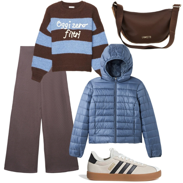 Outfit donna - Saldi in autunno. Stile Basic per Tutti i giorni. Abbinamento con blazer, pantaloni, maglieria, sneakers, borse a tracolla.