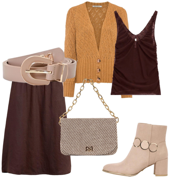Outfit donna - Total look #2492194. Stile Etnico per Ufficio. Abbinamento con gonne lunghe, stivaletti, cardigans, top, cinture, borse a spalla.
